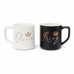King and Queen Couple Ceramic Mug Set with Metal Stand, Black and White, Gold Script Crown Design, Anniversary Wedding Valentine Gift
