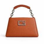 Women’s Structured Top Handle Handbag, Teal Green Faux Leather Purse with Metal Logo & Chain Strap, Small Shoulder/Crossbody Bag