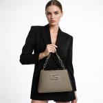 Women’s Structured Top Handle Handbag | Faux Leather Designer Purse with Metal Logo & Chain Strap | Medium Size