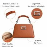 Women’s Structured Top Handle Handbag, Teal Green Faux Leather Purse with Metal Logo & Chain Strap, Small Shoulder/Crossbody Bag