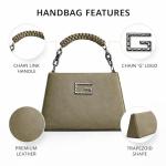 Women’s Structured Top Handle Handbag | Faux Leather Designer Purse with Metal Logo & Chain Strap | Medium Size