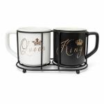 King and Queen Couple Ceramic Mug Set with Metal Stand, Black and White, Gold Script Crown Design, Anniversary Wedding Valentine Gift