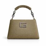 Women’s Structured Top Handle Handbag | Faux Leather Designer Purse with Metal Logo & Chain Strap | Medium Size