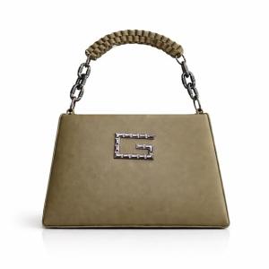Women’s Structured Top Handle Handbag | Faux Leather Designer Purse with Metal Logo & Chain Strap | Medium Size