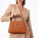 Women’s Structured Top Handle Handbag, Teal Green Faux Leather Purse with Metal Logo & Chain Strap, Small Shoulder/Crossbody Bag
