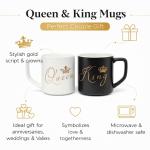 King and Queen Couple Ceramic Mug Set with Metal Stand, Black and White, Gold Script Crown Design, Anniversary Wedding Valentine Gift