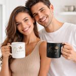 King and Queen Couple Ceramic Mug Set with Metal Stand, Black and White, Gold Script Crown Design, Anniversary Wedding Valentine Gift