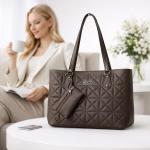 Premium Quilted Faux Leather Shoulder Tote – Brown | Women’s Luxury Handbag