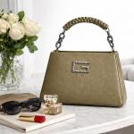 Women’s Structured Top Handle Handbag | Faux Leather Designer Purse with Metal Logo & Chain Strap | Medium Size