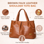 Women's Brown Faux Leather Tote Bag, Spacious Shoulder Handbag with Zip Closure, for Office, Travel and Daily Use