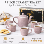 Ceramic Tea Set with Kettle and 6 Cups Tea Cup Set with Teapot Stylish Drinkware Set for Tea Coffee Serving Home Kitchen Dining Table Gift Set