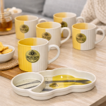 Elegant Two Tone Ceramic Tea Cup Set with Serving Platter | 6 Tea Cups with Tray | Premium Drinkware Set for Tea Coffee Serving | Stylish Cup Set for Home Kitchen Dining & Gifting