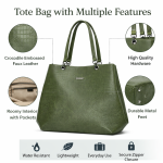 Olive Green Croc-Textured Tote Handbag | Women?s Structured Daily Use Bag