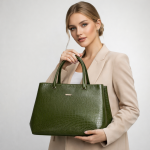 Olive Green Croc-Textured Tote Handbag | Women?s Structured Daily Use Bag