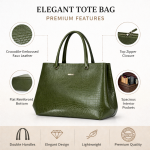 Olive Green Croc-Textured Tote Handbag | Women?s Structured Daily Use Bag